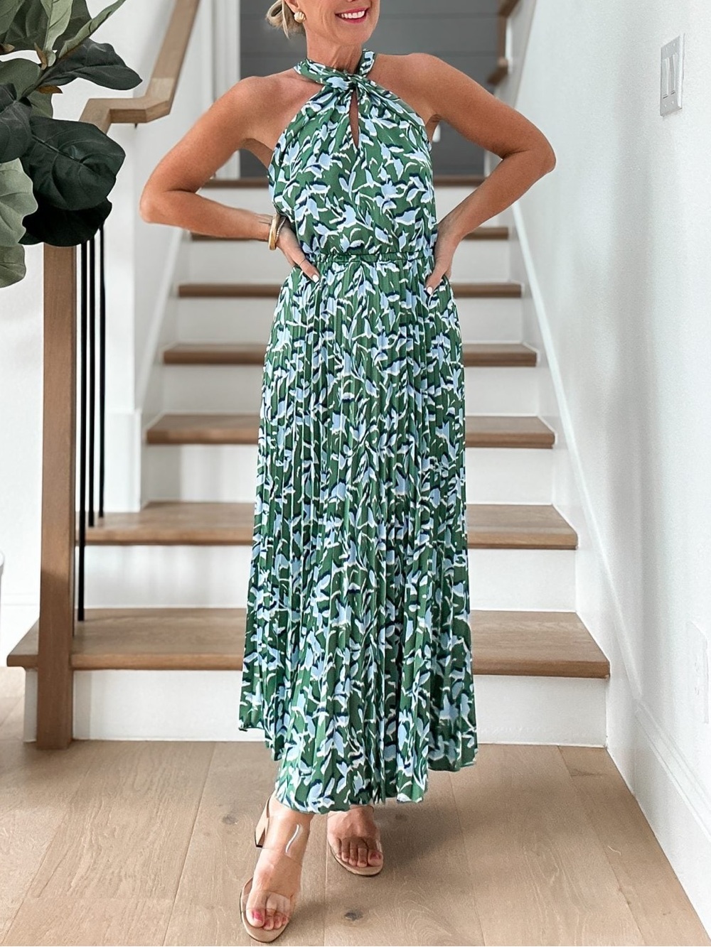 🌿 Scoop Green and Blue Floral Halterneck Dress | L